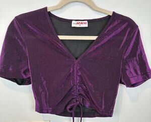 SO REAL GSUWOO Metallic Purple Glitter Ruched Tie Crop Top Size M Rave Clubwear